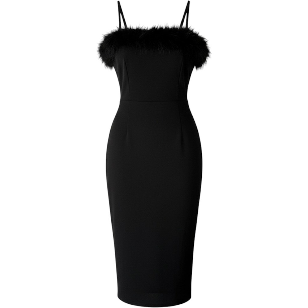 Planet Gold Womens Black Scuba Feather Trim Midi Dress XS Adjustable Straps